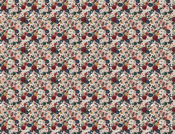 hostang-tygmonster-hostblommor Tygmönster till babygungan Höstäng med täta höstblommor i rosa, rött, vinrött och blått.